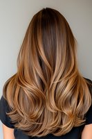 Back view of long wavy brown hair with caramel balayage highlights showing professional salon styling result, demonstrating modern hair coloring technique.