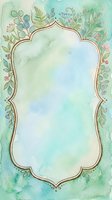 Watercolor floral frame with gold border on soft mint green background, decorated with ferns, berries and leaves, for wedding invitations or cards.