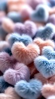 Soft fluffy heart shapes in pastel pink, peach and blue colors create romantic texture background with gentle bokeh effect for Valentine's day designs and cards.