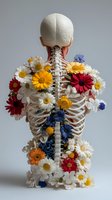 Anatomical skeleton model decorated with colorful daisies, gerberas, and wildflowers arranged across bones for medical education, wellness concepts, and creative healthcare design projects.