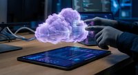 Businessman hand touching tablet with glowing purple cloud computing hologram above screen in modern office environment for digital transformation.