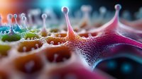 Microscopic abstract art showing colorful organic shapes with droplet-like protrusions in pink, orange and green tones against dark background. Macro photography style.