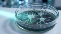 Laboratory petri dish with glowing green microorganisms in sterile research environment for scientific study and medical analysis applications.