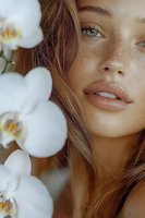 Close up portrait of young woman with freckles and blue eyes near white orchid flowers. Natural beauty and skincare concept for wellness and cosmetics advertising.