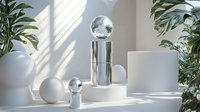 Minimalist composition with chrome cylinder, crystal spheres and white geometric shapes casting dramatic shadows. Green plants add organic accent. Modern decor.