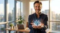 Confident middle-aged Caucasian businessman in dark suit holding glowing digital hologram in modern office with city skyline view for technology presentations.