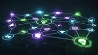 Digital network connections with glowing nodes and communication icons representing modern technology infrastructure and data exchange systems.