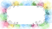 Watercolor Easter frame with eggs, bunnies and flowers on white background. Spring holiday border design for greeting cards and decorations.