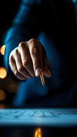 Close-up of male hand holding gold pen over document in dramatic lighting with blue tones and bokeh background, creating mysterious business atmosphere.