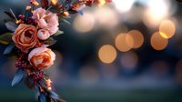Romantic peach roses and red berries arrangement on blurred bokeh background with warm golden lights creates dreamy atmosphere for wedding and celebration designs.