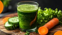 Fresh green vegetable juice in glass with cucumber slices, carrots and leafy greens on wooden cutting board for healthy lifestyle and detox diet.