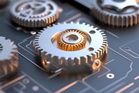 Metallic gear wheels on circuit board background with selective focus, industrial technology concept showing mechanical and electronic integration.