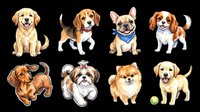 Cute puppy breeds clipart set isolated on transparent background, ready for stickers, t-shirt design, print on demand, sublimation, and digital crafts.