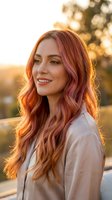 Young woman with long wavy auburn hair smiling warmly in golden hour sunlight outdoors wearing casual beige shirt for lifestyle and beauty concepts.