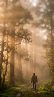 Lone hiker walking through misty forest path with golden sunlight filtering through trees creating atmospheric morning scene for outdoor adventure concepts.