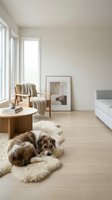 Cozy minimalist living room with small fluffy dog resting on sheepskin rug, featuring wooden furniture, neutral tones and natural light from large windows.