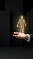 Businessman hand holding glowing human figure hologram with neural network connections, representing digital health, medical technology, healthcare innovation, and futuristic wellness solutions.