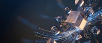 Advanced quantum computing processor with glowing circuits and data streams flowing through futuristic microchip technology for artificial intelligence applications.