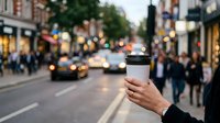 Cropped hand holding takeaway coffee cup on busy urban street with traffic and pedestrians in blurred background during daytime shopping district scene.