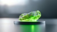 Glowing green crystal on metallic platform with ethereal light effect against dark background creates mystical atmosphere for fantasy designs.