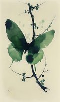 Green watercolor butterfly with delicate wings perched on minimalist black branch with small buds, artistic nature illustration on light background.