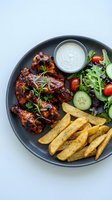 Grilled chicken wings with herb seasoning served on dark plate with golden potato wedges, fresh salad and creamy dip sauce for restaurant menu.