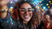 Young African American woman with curly hair and glasses smiling genuinely at night party. Colorful bokeh lights create festive atmosphere. Lifestyle portrait captures joy and celebration.