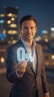 Caucasian male businessman in blazer and white shirt holding glowing zero percent symbol against night cityscape with bokeh lights, representing interest rates, financial growth, or loan concepts for business and finance marketing.