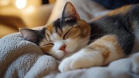 Calico cat sleeping peacefully on soft gray blanket, showing contentment with closed eyes and relaxed posture. Natural window lighting creates warm, cozy atmosphere.