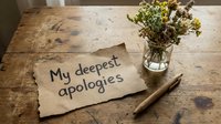 Torn paper note with My deepest apologies text on rustic wooden table with dried wildflowers in glass vase and pencil beside it.