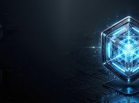 Glowing neon cube with digital network connections on dark circuit board background, representing blockchain technology, artificial intelligence, and data processing for tech innovation concepts.