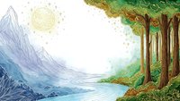 Watercolor landscape with mountains, winding river, lush forest trees and bright sun creating serene natural scenery for relaxation and meditation backgrounds.