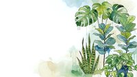 Watercolor tropical houseplants with monstera, snake plant and fiddle leaf fig on white background for home decor and botanical design projects.
