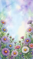 Watercolor floral frame with purple daisies and asters on pastel background for greeting cards, invitations and spring design projects.