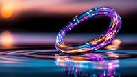 Glowing neon ring floating above reflective water surface with vibrant purple and blue light trails against dark sunset background, creating magical atmosphere.
