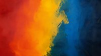 Vibrant abstract background featuring bold gradient transition from deep red through orange and yellow to rich blue, with textured brush stroke effects creating dynamic movement.