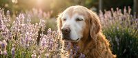 Senior golden retriever dog sitting peacefully among purple lavender flowers in garden during golden hour sunset with warm bokeh lighting.