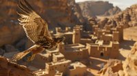 Majestic falcon soaring over ancient desert ruins at sunset, wings spread wide against dramatic rocky landscape and traditional clay buildings below.
