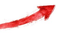 Red watercolor arrow pointing upward with dynamic splatter effect and gradient brush strokes on white background, indicating growth, success and progress.