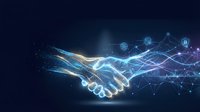 Digital handshake with glowing network connections and data visualization elements representing business partnership and technology collaboration.