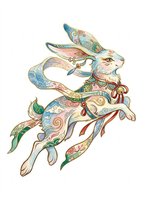 Ornate rabbit with decorative patterned body in turquoise, gold, and coral tones, isolated on transparent background. Ready for t-shirts, stickers, clipart, sublimation, and print-on-demand designs.