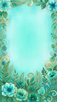 Turquoise watercolor background with ornamental gold filigree border, green foliage, and turquoise flowers. Isolated design element suitable for invitations, greeting cards, posters, and digital projects.
