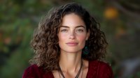 Young Mediterranean woman with natural curly brown hair and green eyes wearing burgundy sweater and boho jewelry against blurred autumn background.