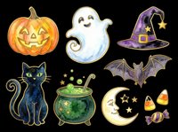 Spooky Halloween collection featuring jack-o-lantern pumpkin, friendly ghost, witch hat, black cat, cauldron, bat, crescent moon, candy corn isolated on transparent background. Ready for t-shirts, stickers, clipart, sublimation.