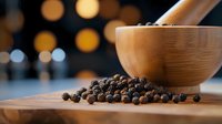 Fresh black peppercorns scattered on wooden surface with mortar and pestle against dark background with bokeh lights, food preparation concept.