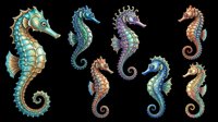 Seahorse collection featuring seven colorful marine creatures in various poses and color variations including turquoise, purple, orange, and blue tones. Isolated on transparent background, ready for t-shirt design, clipart, stickers, sublimation, and print-on-demand products.