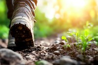 Hiking boot stepping on soil path with young green sprouts growing nearby, captured in morning sunlight with bokeh effect, representing nature exploration.