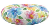 Watercolor floral round cushion with vibrant multicolored flowers and green leaves on white background, isolated design element suitable for home decor and interior styling projects.