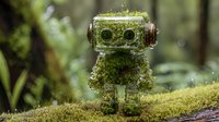 Moss-covered robot toy figure standing on forest log with green vegetation, nature reclaiming technology concept for environmental and sustainability themes.