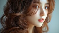 Close-up portrait of young Asian woman with wavy brown hair and natural makeup against soft blue background. Perfect for beauty and fashion advertising.
